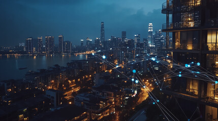 Fototapeta premium Night lights, a city of modern business and smart digital innovation with a network of interconnected rewards over the cityscape of the future smart wireless digital city and social media network that