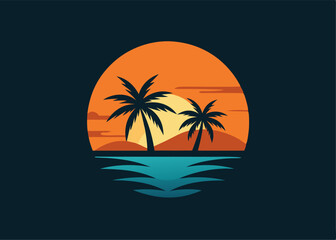 Fototapeta premium Sunset Beach Minimalist Illustration: An abstract illustration depicting the tranquil beauty of a sunset beach with palm trees swaying in the gentle breeze. The sun dips below the horizon.
