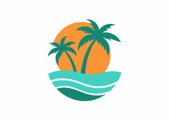 Obraz premium Tropical Paradise: A serene beach scene featuring silhouetted palm trees against a vibrant orange sunset. capturing the essence of the tropical paradise. 
