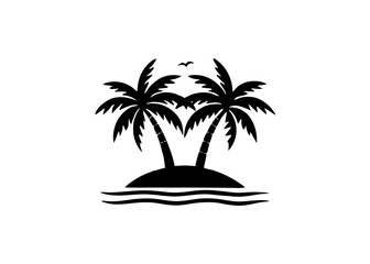 Obraz premium Tropical Paradise Silhouette: An inviting black silhouette of a tropical island paradise, featuring two palm trees and gentle ocean waves, symbolizing relaxation and escape.