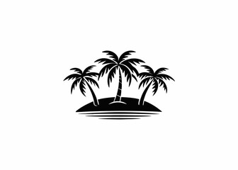 Obraz premium Tropical Oasis: A minimalist illustration showcasing a trio of elegant palm trees rising from a small island, evoking a sense of serene escape and the allure of a tropical getaway.