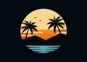 Obraz premium Tropical Sunset Silhouette: The sun gently dips below the horizon, illuminating a serene tropical scene, with silhouetted palm trees gracing the shore in a scenic view.