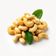 Fototapeta premium Pile of cashews with leaves on white background