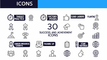 Fototapeta premium Collection of thirty success and achievement icons featuring target practice and victory poses in black created with generated ai