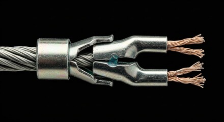 Metal wire rope connector with exposed copper strands illustrates industrial connection and electrical conduction concept for technical presentations and engineering design
