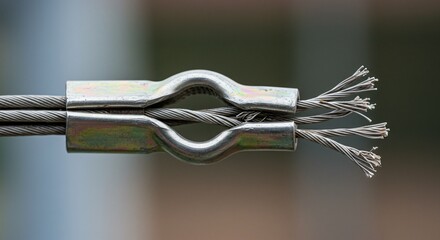 Obraz premium Close up view of two metal wire rope clamps securing multiple strands of cable together against a blurred background in a macro photograph setting