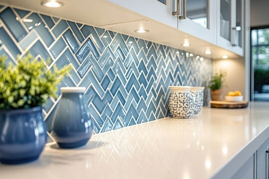 Elegant kitchen backsplash with a herringbone pattern in shades of blue, accented by subtle lighting and blue pottery.