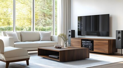Modern Living Room with Surround Sound Speakers and Cozy Furniture
