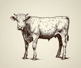 A detailed illustration in monochrome, depicting a standing cow on a white background, is well-suited for use in farm, agriculture, or food-related designs