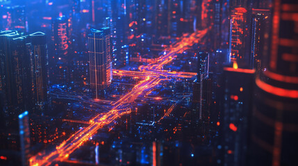 Obraz premium Night lights, a city of modern business and smart digital innovation with a network of interconnected rewards over the cityscape of the future smart wireless digital city and social media network that