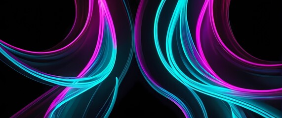 Flowing movable light neon forms casting vibrant aqua and fuchsia highlights on modern black background