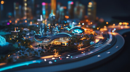 Night lights, a city of modern business and smart digital innovation with a network of interconnected rewards over the cityscape of the future smart wireless digital city and social media network that