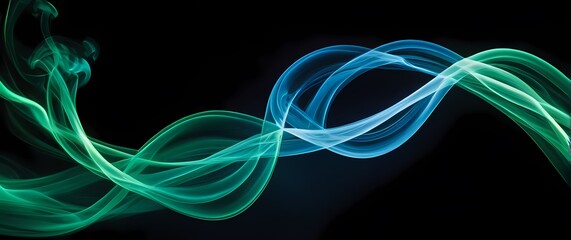 Naklejka premium Flowing abstract smoke trails in saturated blues and greens twisting and intertwining over deep black background