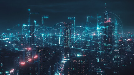 Obraz premium Night lights, a city of modern business and smart digital innovation with a network of interconnected rewards over the cityscape of the future smart wireless digital city and social media network that
