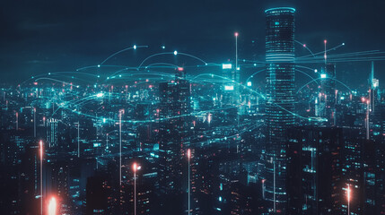 Night lights, a city of modern business and smart digital innovation with a network of interconnected rewards over the cityscape of the future smart wireless digital city and social media network that