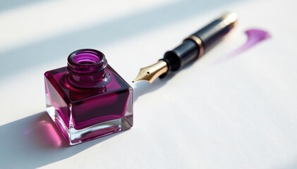 Elegant fountain pen and inkwell on pristine white , isolated, white