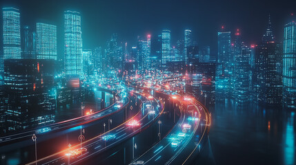 Night lights, a city of modern business and smart digital innovation with a network of interconnected rewards over the cityscape of the future smart wireless digital city and social media network that
