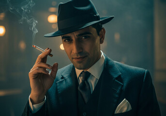 Portrait of a man in a vintage suit and fedora smoking a cigarette, looking at the camera with a confident expression.