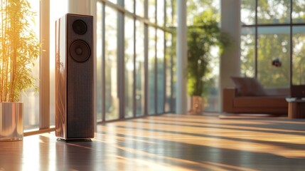 Modern Wooden Speaker in Sunlit Room Interior