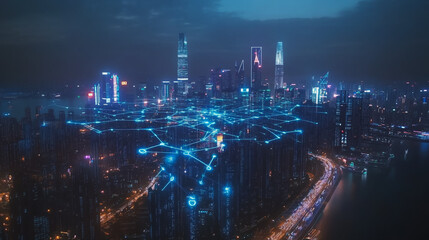 Fototapeta premium Night lights, a city of modern business and smart digital innovation with a network of interconnected rewards over the cityscape of the future smart wireless digital city and social media network that