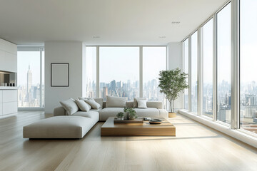 Fototapeta premium Minimalist Living Room with City Views, Neutral Sofa, and Natural Light for Modern Urban Living