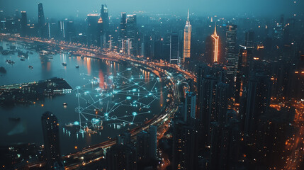 Night lights, a city of modern business and smart digital innovation with a network of interconnected rewards over the cityscape of the future smart wireless digital city and social media network that