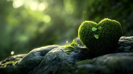 Heart Shaped Moss in Forest Sunlight with Bokeh Background