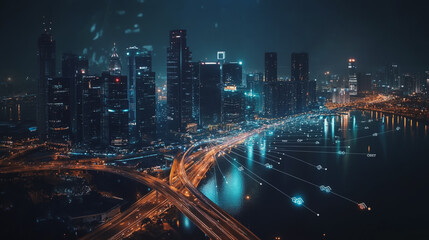Night lights, a city of modern business and smart digital innovation with a network of interconnected rewards over the cityscape of the future smart wireless digital city and social media network that