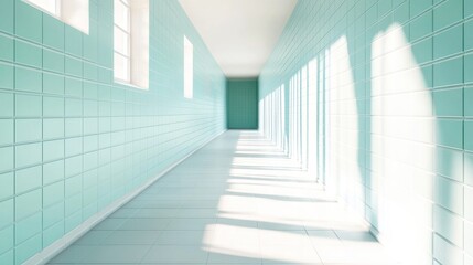 Obraz premium Sunny teal hallway; light streams through windows; minimalist architecture; ideal for healthcare or education settings