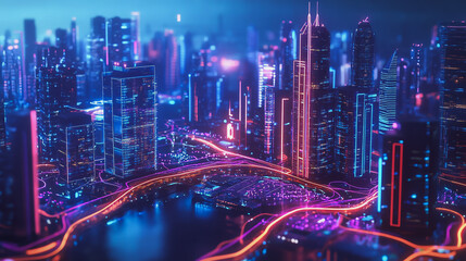 Night lights, a city of modern business and smart digital innovation with a network of interconnected rewards over the cityscape of the future smart wireless digital city and social media network that