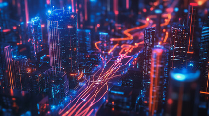 Obraz premium Night lights, a city of modern business and smart digital innovation with a network of interconnected rewards over the cityscape of the future smart wireless digital city and social media network that