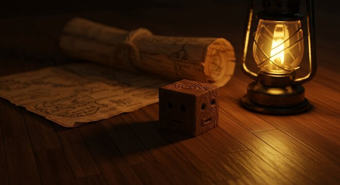 Wooden Cube Map Lantern on Wooden Floor