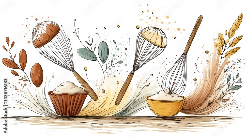 Poster floating bakery elements with whisk, flour, sugar, and tart shell create a whimsical baking scene in