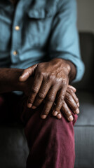 Close-up of clasped hands, showing textured skin, resting on maroon fabric.  Image conveys age, experience, and quiet contemplation.