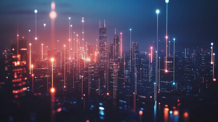Night lights, a city of modern business and smart digital innovation with a network of interconnected rewards over the cityscape of the future smart wireless digital city and social media network that