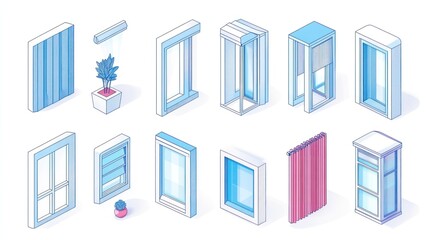 Isometric window styles, blinds, and curtains; interior design options