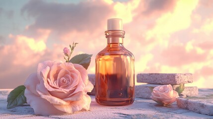 The background is the sky with the main color of Morandi's light pink. A 100ml bottle of brown glass essence liquid is filled with transparent liquid. Under the product are two.