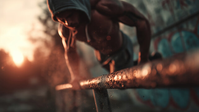 Muscular athlete showcases strength during street workout at sunset