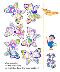 Educational page for children. Coloring book. Can you color all the butterflies so that they have the same pattern? Logic puzzle game. Play online. Kids activity sheet. Flat vector illustration.