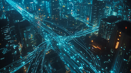 Night lights, a city of modern business and smart digital innovation with a network of interconnected rewards over the cityscape of the future smart wireless digital city and social media network that