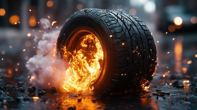 Burning tire on wet asphalt (3)