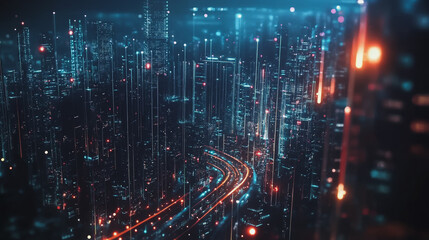Night lights, a city of modern business and smart digital innovation with a network of interconnected rewards over the cityscape of the future smart wireless digital city and social media network that