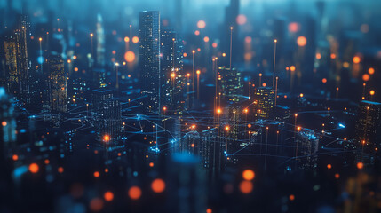 Fototapeta premium Night lights, a city of modern business and smart digital innovation with a network of interconnected rewards over the cityscape of the future smart wireless digital city and social media network that