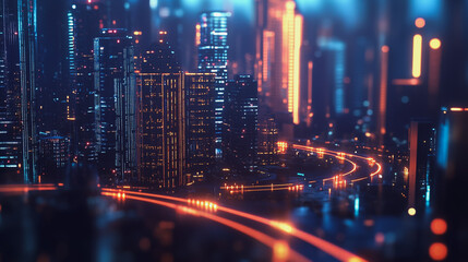 Fototapeta premium Night lights, a city of modern business and smart digital innovation with a network of interconnected rewards over the cityscape of the future smart wireless digital city and social media network that