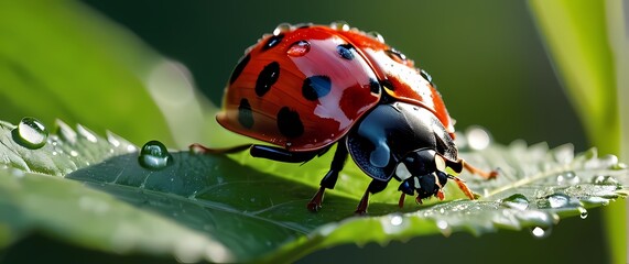 Obraz premium Detailed macro of a bright red and black ladybug navigating dew drops littered leaf in crisp morning light