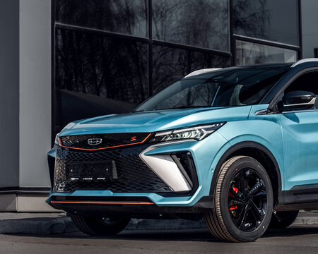 Russia, Ryazan - April 17, 2025: Geely showroom. The headlights and the hood of a new Geely Coolray car