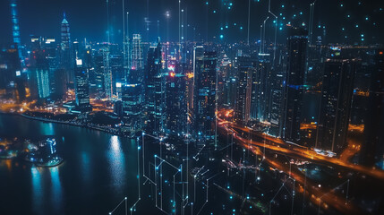 Fototapeta premium Night lights, a city of modern business and smart digital innovation with a network of interconnected rewards over the cityscape of the future smart wireless digital city and social media network that
