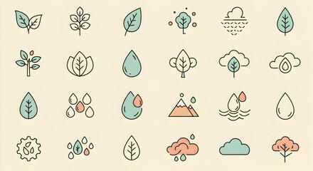 Fototapeta premium A collection of nature themed icons including leaves trees clouds and water drops on a light background