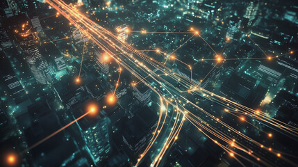 Fototapeta premium Night lights, a city of modern business and smart digital innovation with a network of interconnected rewards over the cityscape of the future smart wireless digital city and social media network that