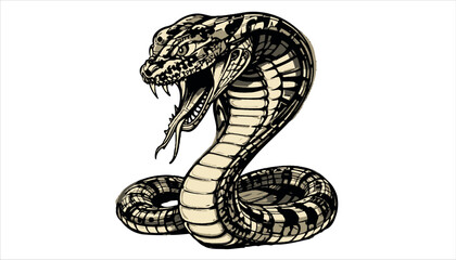 A cute black and white cartoon cobra, a venomous viper reptile, is designed as a serpent symbol in a wild silhouette art